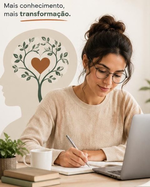 Psicóloga estudando diante do notebook, com a frase “Mais conhecimento, mais transformação” na parede.