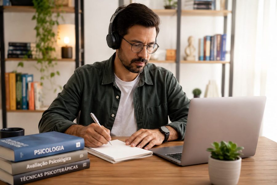 Psicólogo estudando com o notebook e material de apoio sobre a mesa.